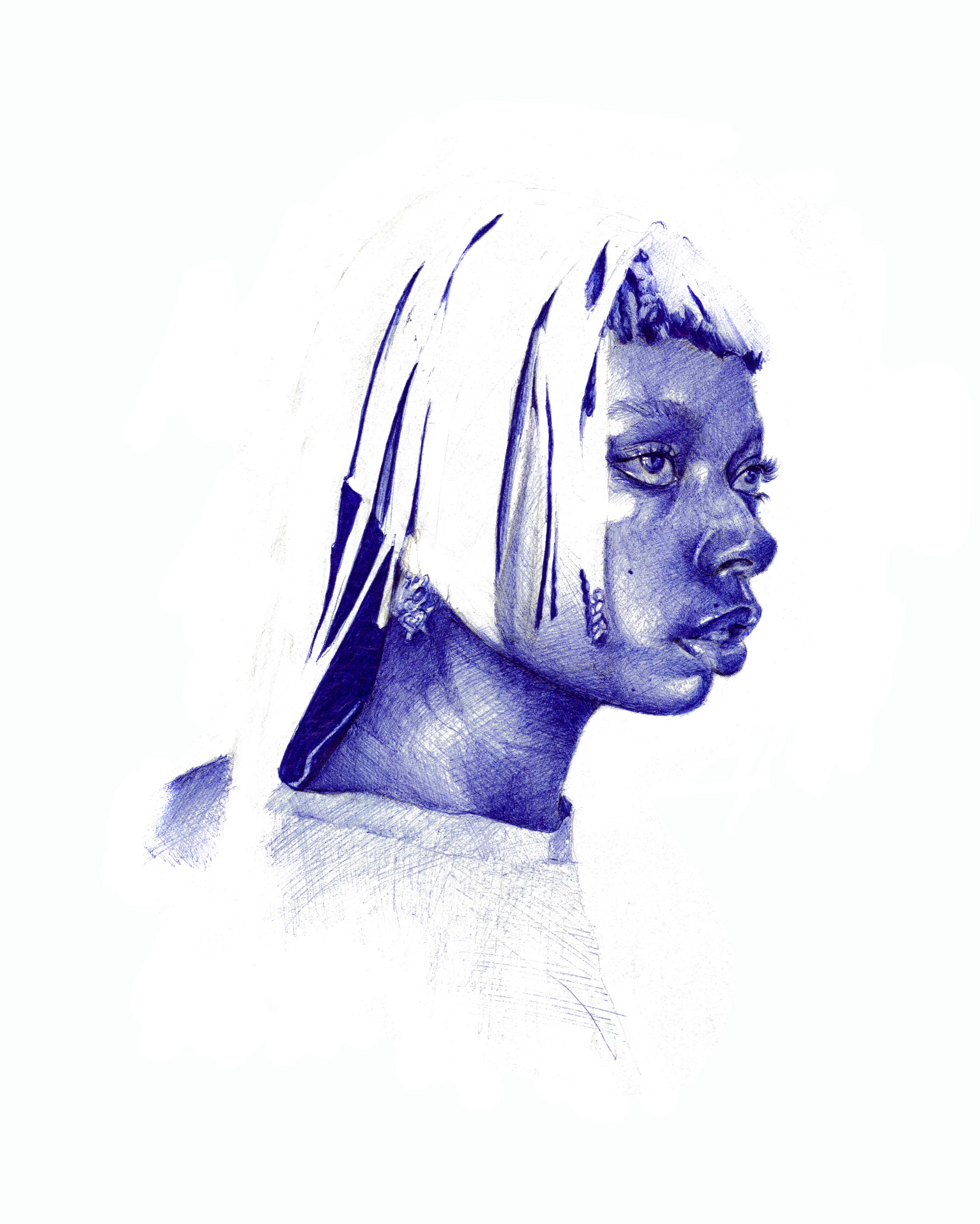 Portrait study in blue - pencil on paper